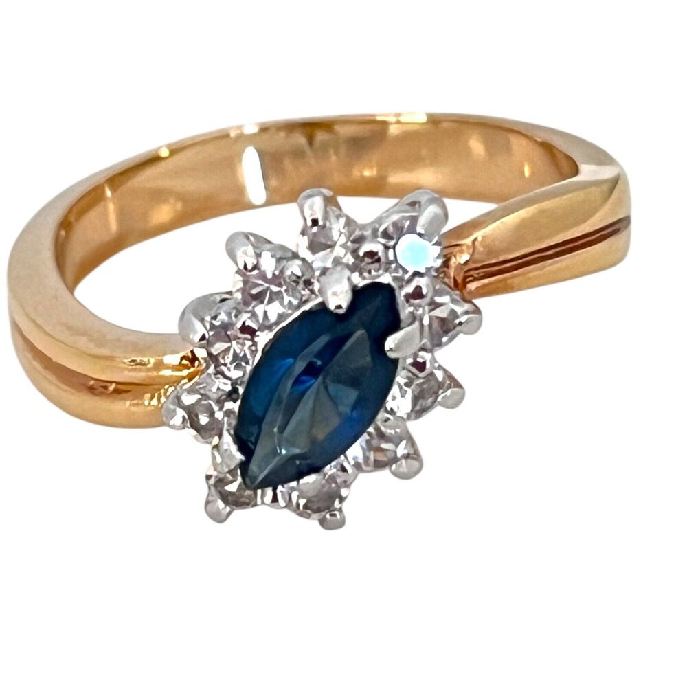 Vintage 1980s Crystal Cluster Ring Size 7 Blue Marquise Halo Gold Plated - 10N
